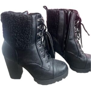 TOP Moda Black fur Lace-Up Chunky Heel Boots